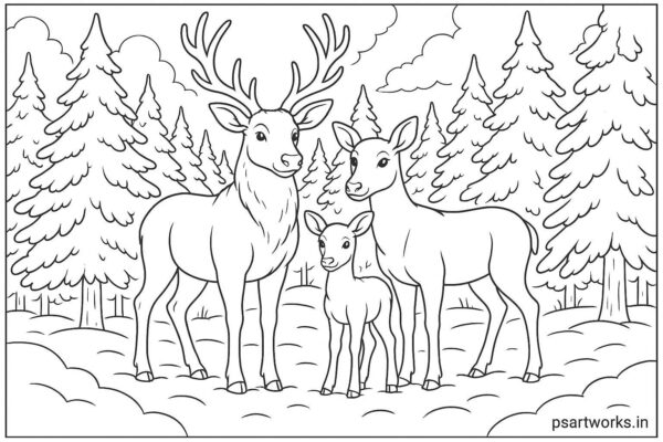 Reindeer family standing in snow-covered forest