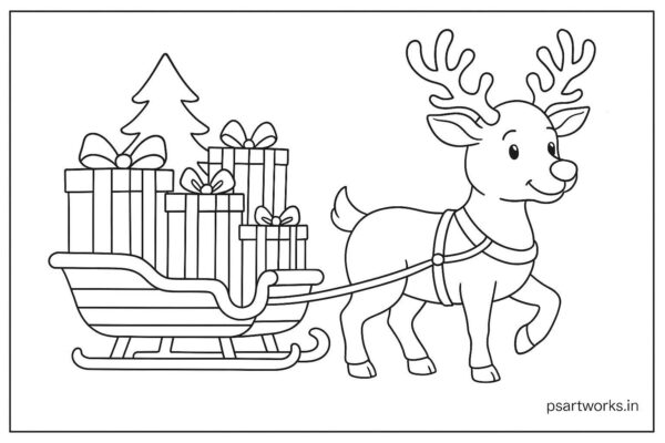 Reindeer pulling a sled full of gifts