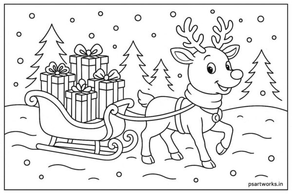 Reindeer pulling a sled full of gifts