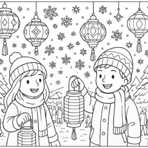 Winter festival with lanterns and snowflakes