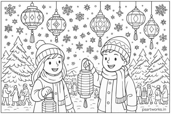 Winter festival with lanterns and snowflakes