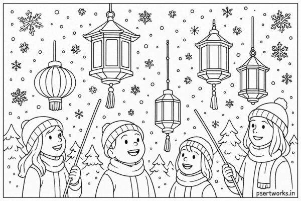 Winter festival with lanterns and snowflakes