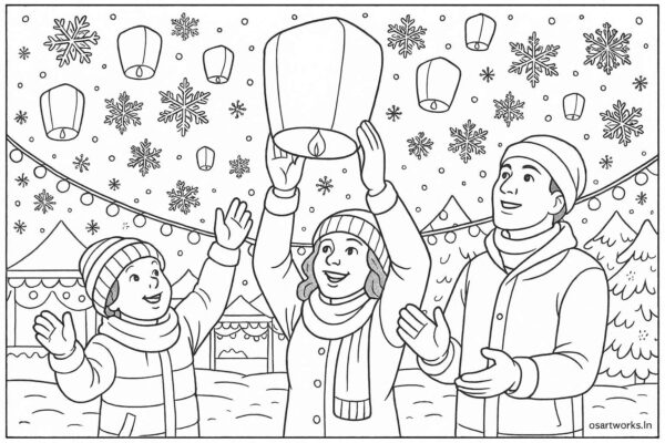 Winter festival with lanterns and snowflakes