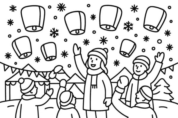 Winter festival with lanterns and snowflakes