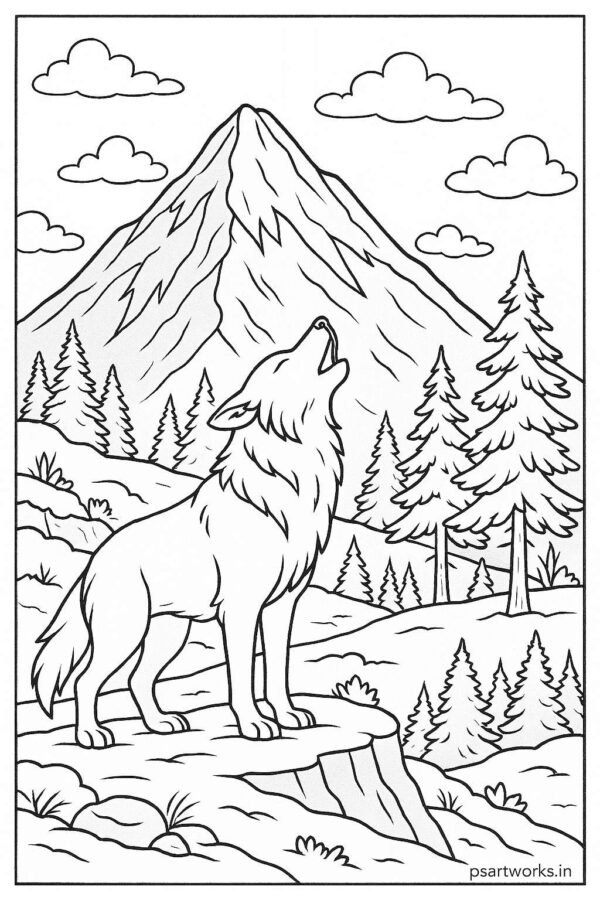 Wolf howling near snowy mountain
