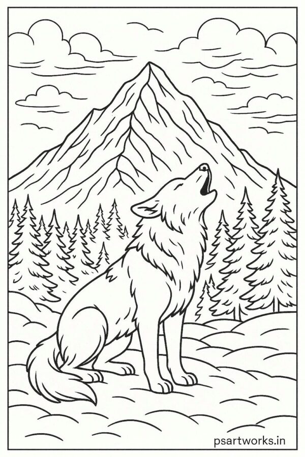 Wolf howling near snowy mountain