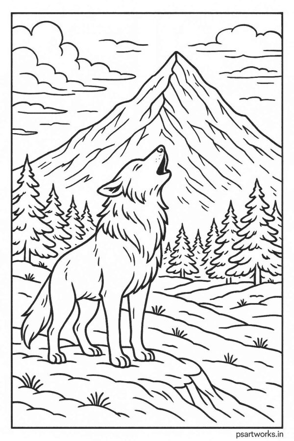 Wolf howling near snowy mountain